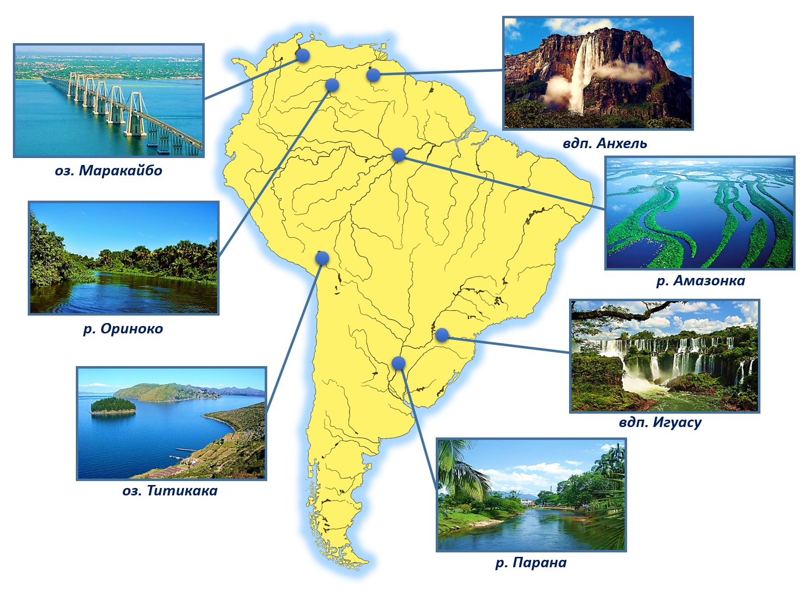 Внутренние воды Ориноко на карте Южной Америки. Реки Амазонка Ориноко Парана. Озера Южной Америки на карте 7 класс география. Реки озера водопады Южной Америки.