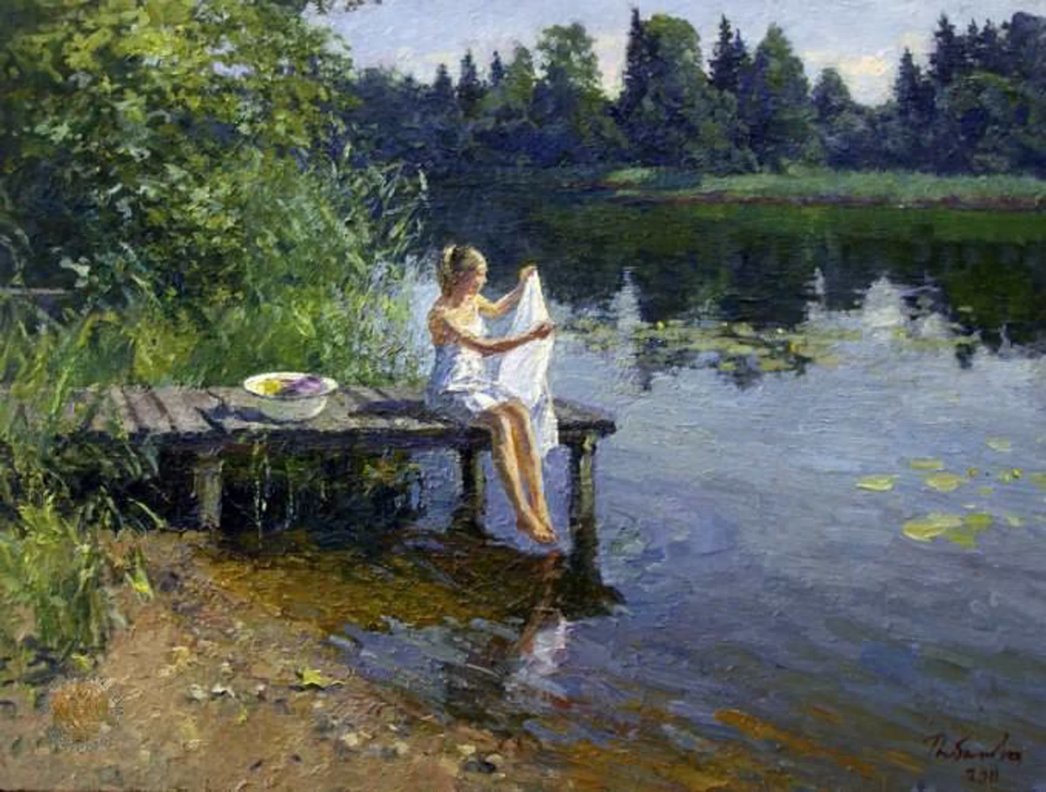 Русские летом на речке. Рыбакова художник Кострома.